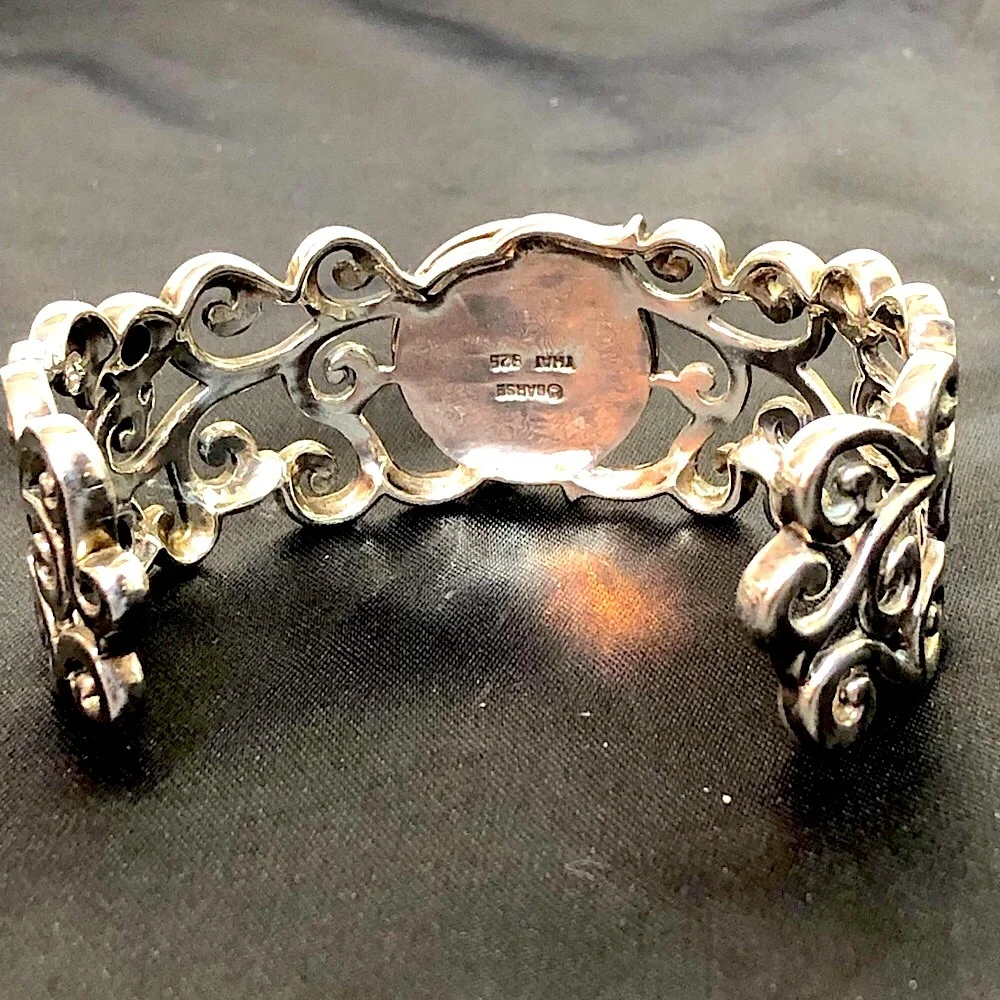BARSE Black Onyx Cabochon Sterling Silver Scroll Filigree Cuff Bracelet MINT